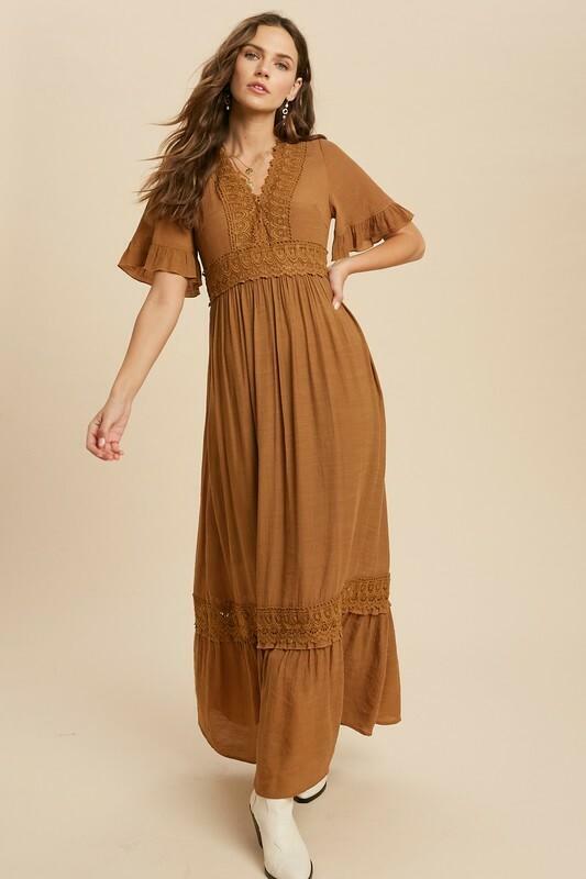 Heart Of Soul Camel Short Sleeve Maxi Dress -  cozycouturew
