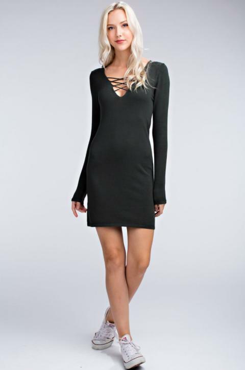 Here and Now Olive Long Sleeve Bodycon Sweater Dress -  cozycouturew