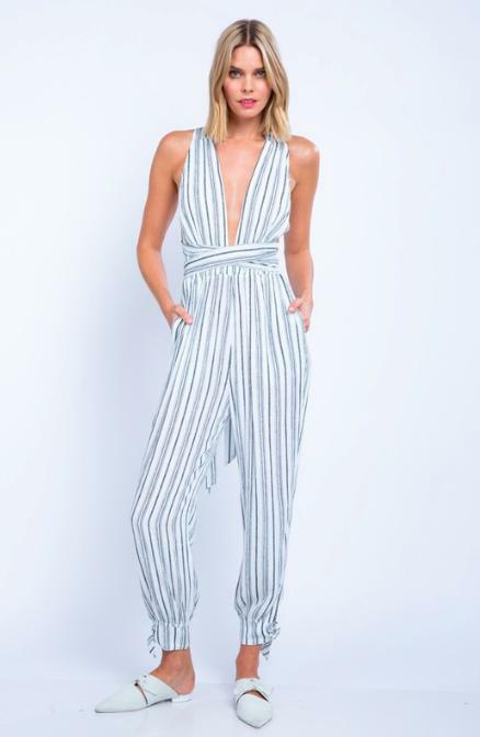Aphrodite Black and White Striped Plunge Jumpsuit -  cozycouturew