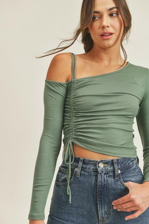 Lush Angie Olive One Shoulder Ruched Crop Top -  cozycouturew