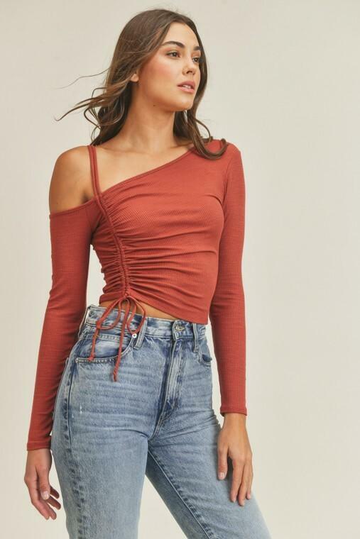 Lush Angie Mahogany One Shoulder Ruched Crop Top -  cozycouturew