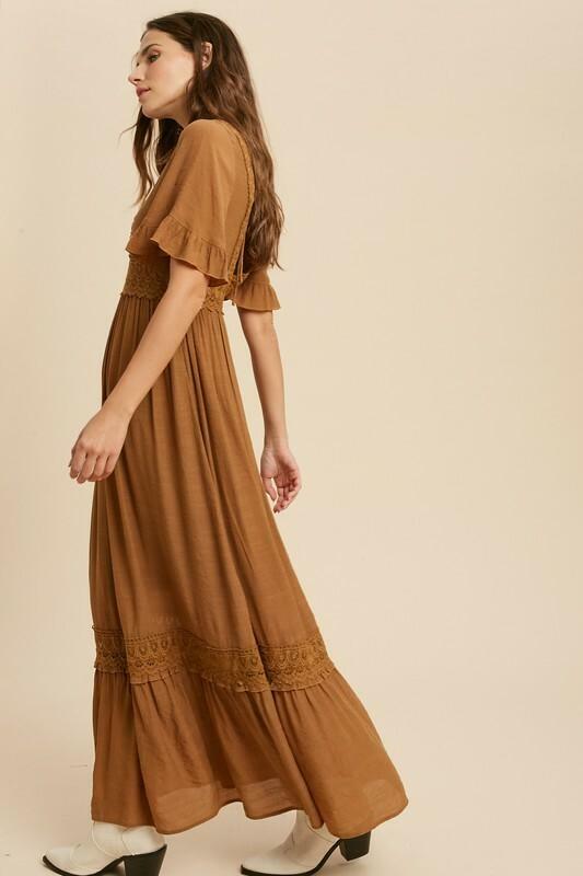 Heart Of Soul Camel Short Sleeve Maxi Dress -  cozycouturew