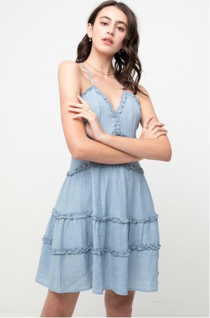 Gina Chambray Blue Ruffle Mini Dress -  cozycouturew