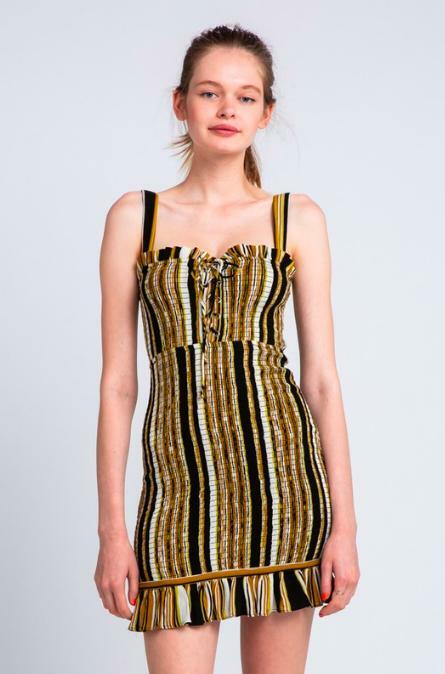 Ciao Bella Black and Gold Striped Smocked Mini Dress -  cozycouturew