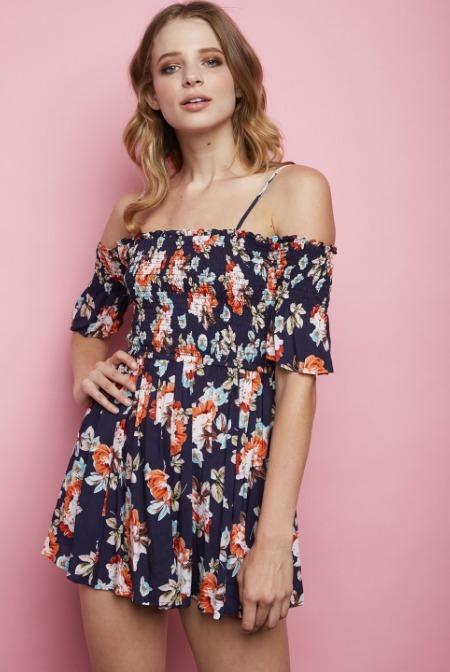 Endie Off-The-Shoulder Floral  Smocked Romper -  cozycouturew